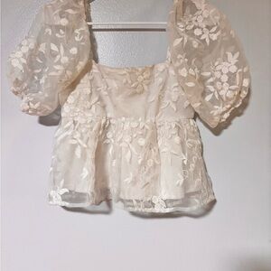 Altar'd State Cream Floral Embroidered Puff-Sleeve Peplum Top